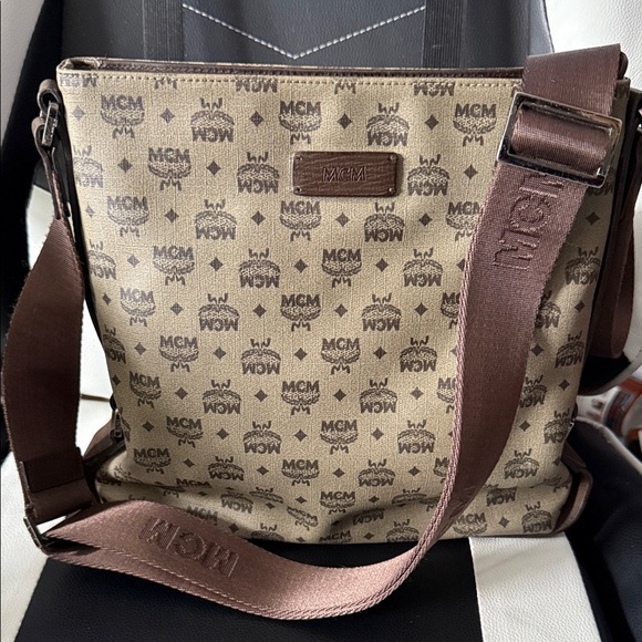 MCM Tan and Brown Logo Messenger Bag
